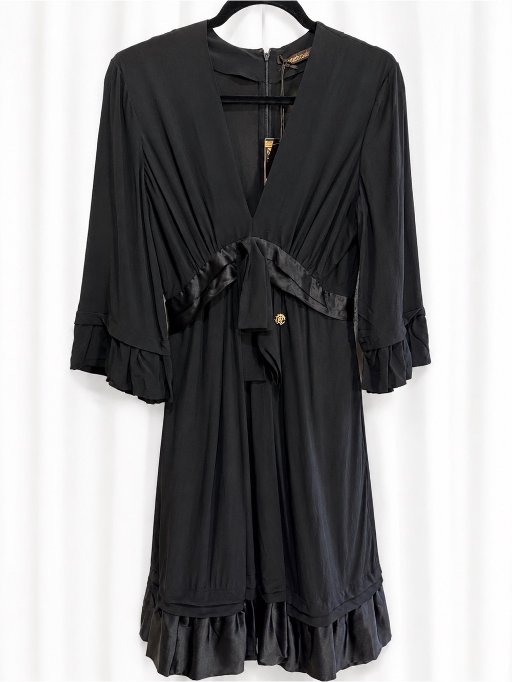 Roberto Cavalli Black V-Neck Satin-Trim Dress